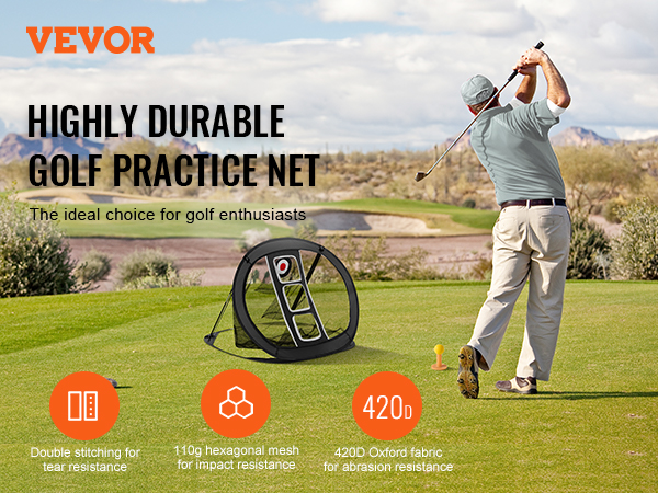 golfer practicing with VEVOR golf chipping net on a lush course, highlighting durability features.