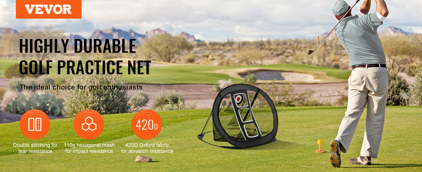 golfer practicing with VEVOR golf chipping net on a lush course, highlighting durability features.