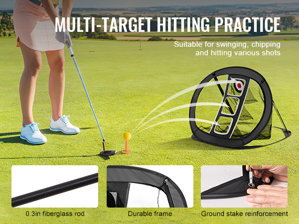 golfer practicing with VEVOR golf chipping net on green field; multi-target, durable frame, fiberglass rod.