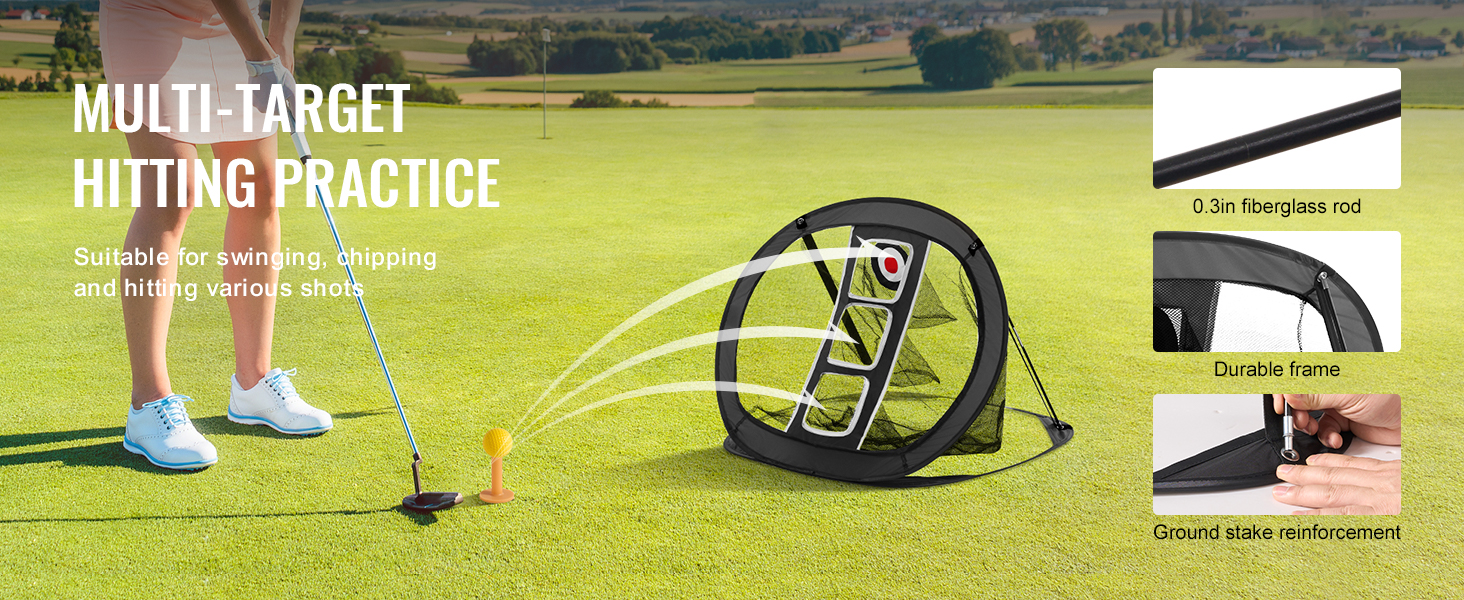 golfer practicing with VEVOR golf chipping net on green field; multi-target, durable frame, fiberglass rod.