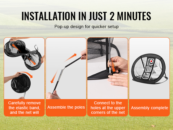 VEVOR golf chipping net setup: remove elastic band, assemble poles, connect, ready in 2 minutes.