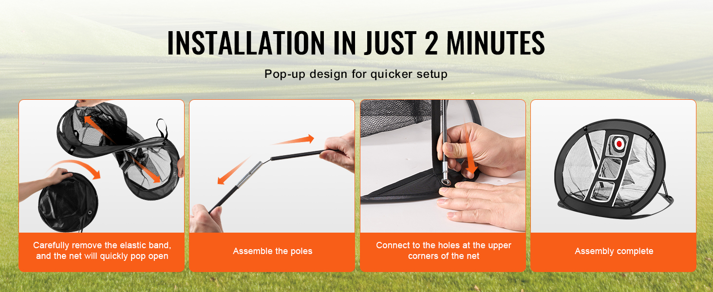 VEVOR golf chipping net setup: remove elastic band, assemble poles, connect, ready in 2 minutes.