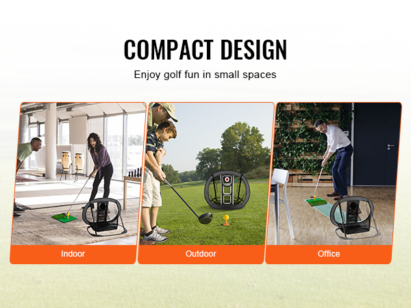 compact design VEVOR golf chipping net for indoor, outdoor, and office golf practice.