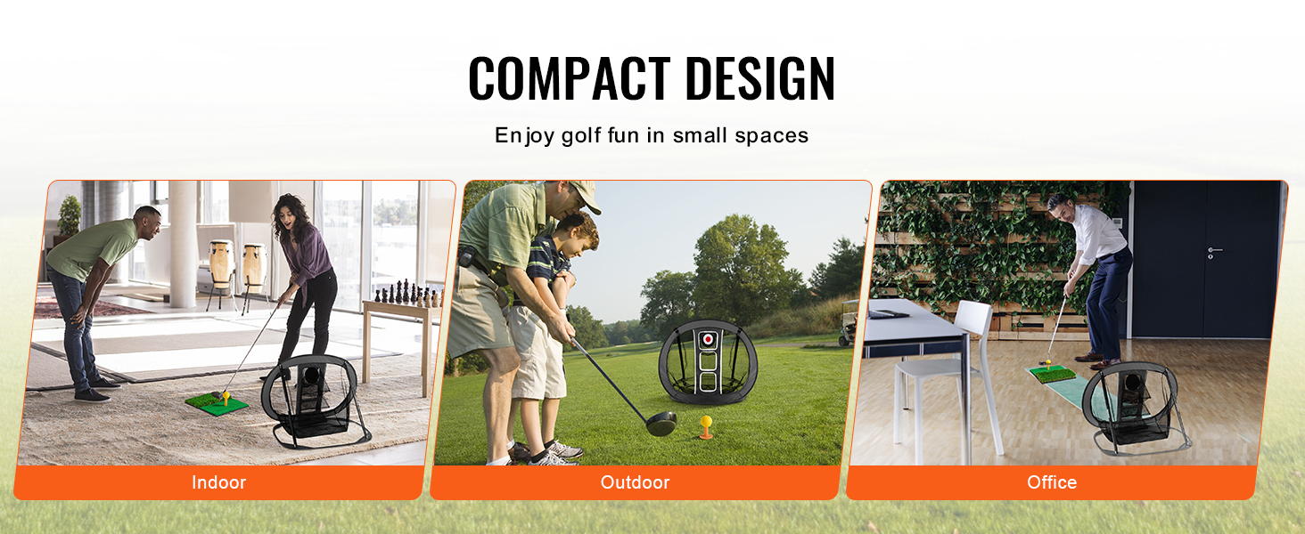 compact design VEVOR golf chipping net for indoor, outdoor, and office golf practice.