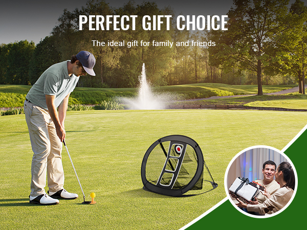 golfer using VEVOR golf chipping net on a green course, promoting it as the perfect gift choice.