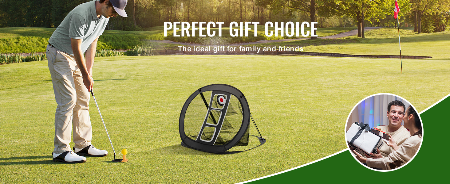 golfer using VEVOR golf chipping net on a green course, promoting it as the perfect gift choice.