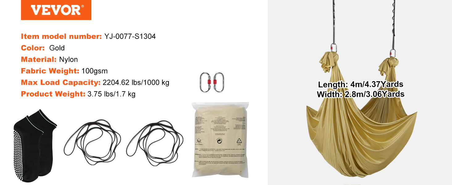 zelta VEVOR gaisa jogas šūpuļtīkls, 4 m garums, 2,8 m platums, 100 g sm neilona, maksimālā slodze 2204,62 lbs.