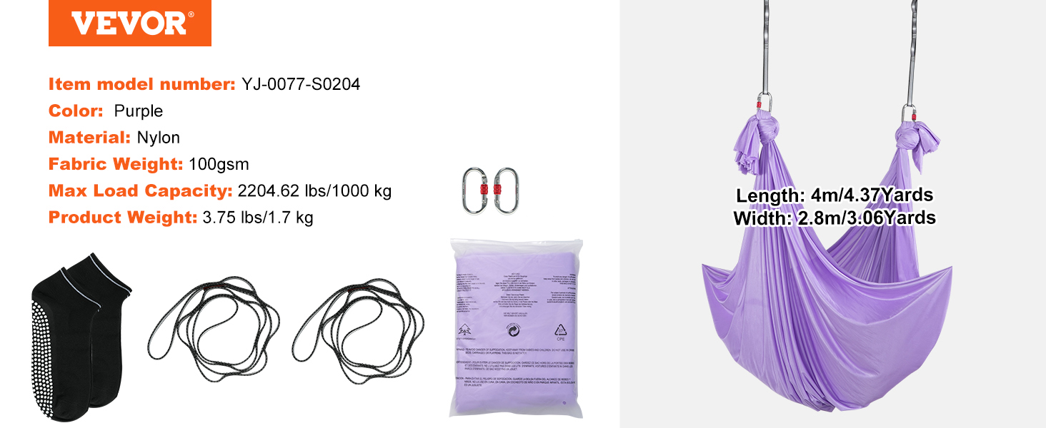 VEVOR aerial yoga hammock, purple nylon, 2204.62 lbs max load, 4m length, package includes straps and carabiners.