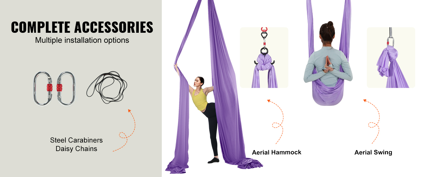 VEVOR aerial yoga hammock with complete accessories, steel carabiners, daisy chains, and multiple installation options.