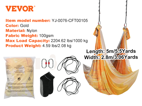 VEVOR aerial yoga hammock in gold nylon with accessories, including carabiners and extension straps.