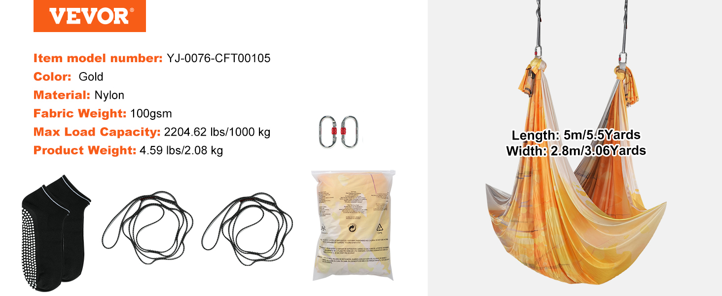 VEVOR aerial yoga hammock in gold nylon with accessories, including carabiners and extension straps.