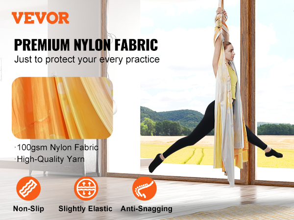VEVOR aerial yoga hammock in use, showcasing premium nylon fabric and anti-slip features in a modern room.
