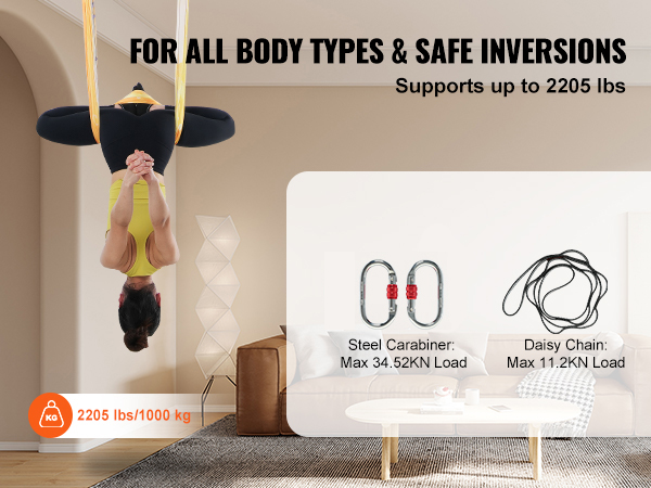 VEVOR aerial yoga hammock supporting up to 2205 lbs for safe inversions at home.
