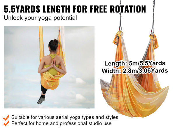 VEVOR aerial yoga hammock for various yoga styles with 5.5 yards length and vibrant orange design.