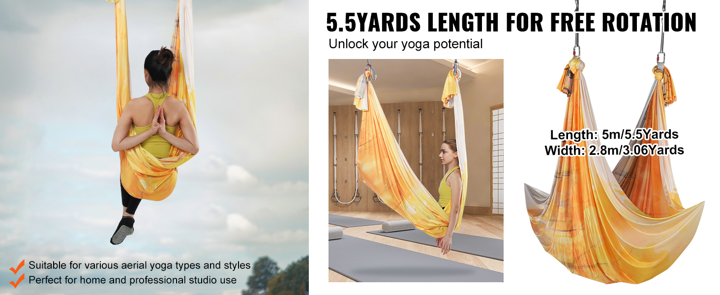 VEVOR aerial yoga hammock for various yoga styles with 5.5 yards length and vibrant orange design.