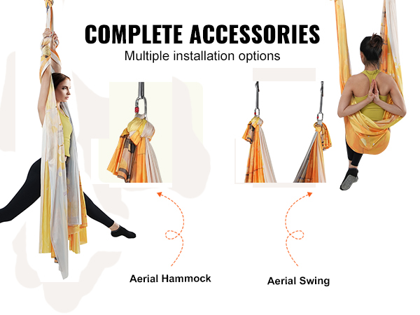 VEVOR aerial yoga hammock setup showing steel carabiners, daisy chains, hammock, and swing in use.