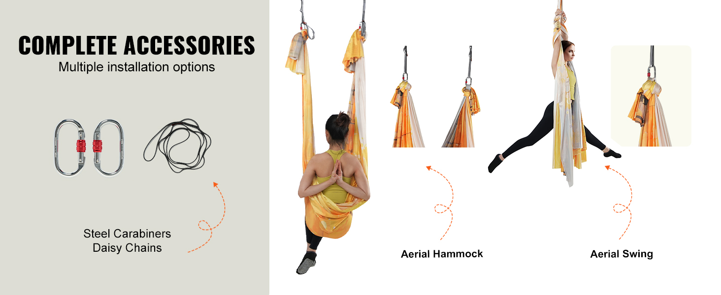 VEVOR aerial yoga hammock setup showing steel carabiners, daisy chains, hammock, and swing in use.