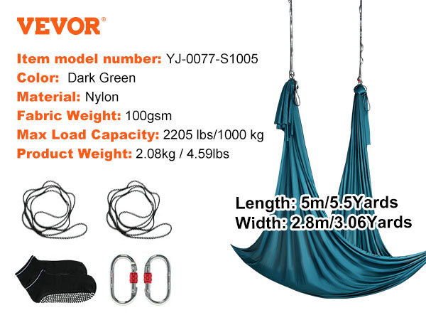 VEVOR aerial yoga hammock in dark green, nylon, max load 2205 lbs, includes carabiners and storage rope.