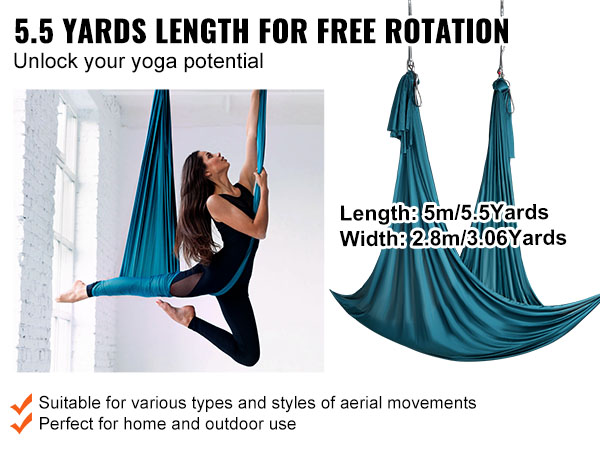 VEVOR aerial yoga hammock: woman performing aerial yoga, showcasing 5.5 yards length for flexibility.