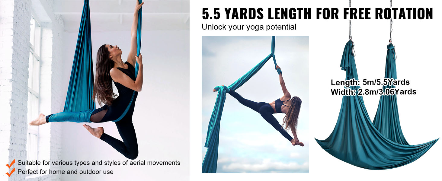 VEVOR aerial yoga hammock: woman performing aerial yoga, showcasing 5.5 yards length for flexibility.
