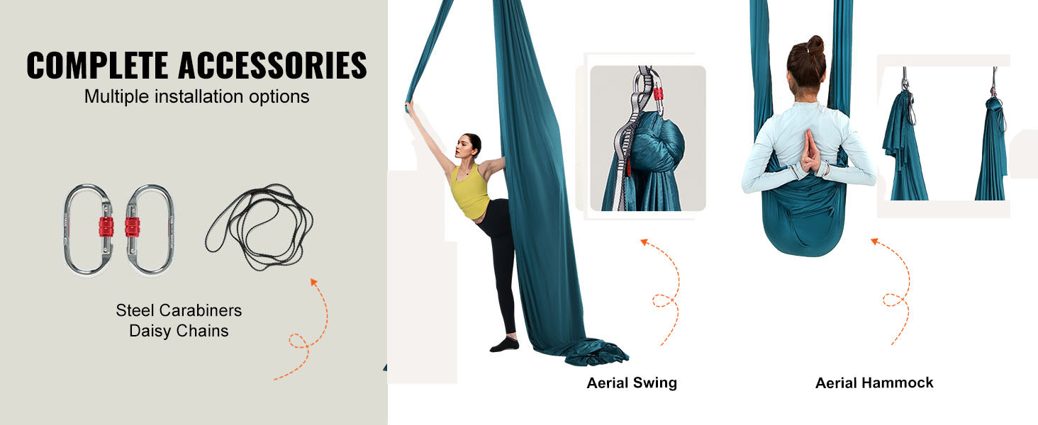 VEVOR aerial yoga hammock with steel carabiners and daisy chains for versatile aerial swing techniques.