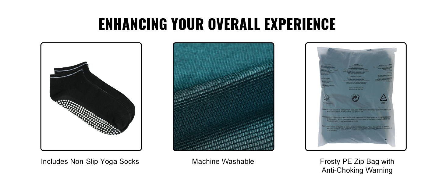 enhancing your experience with VEVOR aerial yoga hammock - non-slip socks, machine washable, pe zip bag.