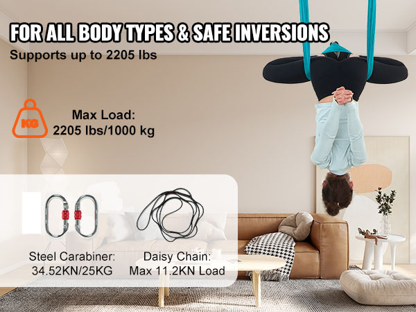 woman using VEVOR aerial yoga hammock in living room, supporting up to 2205 lbs for safe inversions.