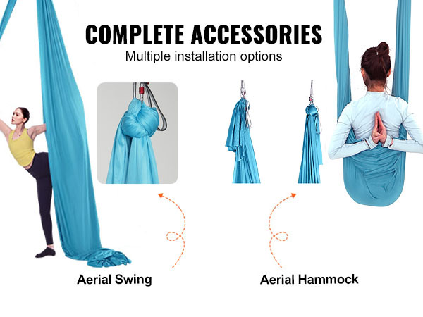 VEVOR aerial yoga hammock with steel carabiners, daisy chains, and various installation options.