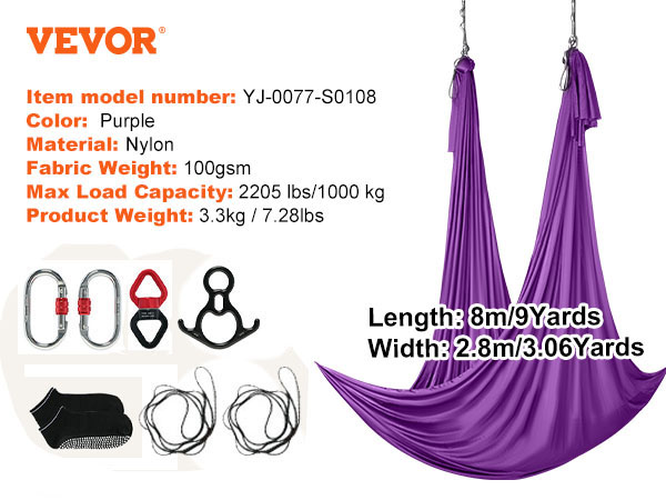VEVOR aerial yoga hammock: purple nylon, 100gsm, 2205 lbs max load, 3.3kg weight, 8m length, 2.8m width.