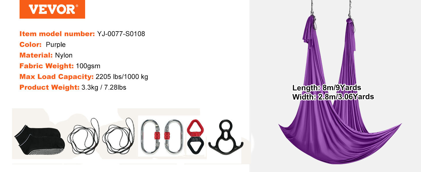 VEVOR aerial yoga hammock: purple nylon, 100gsm, 2205 lbs max load, 3.3kg weight, 8m length, 2.8m width.