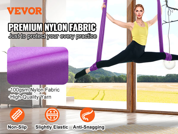 VEVOR aerial yoga hammock in use, highlighting premium nylon fabric benefits: non-slip, elastic, anti-snagging.