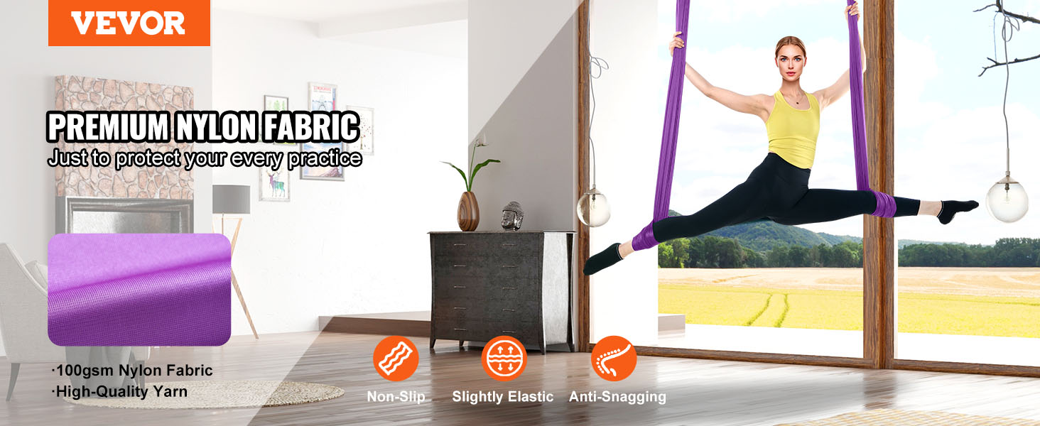 VEVOR aerial yoga hammock in use, highlighting premium nylon fabric benefits: non-slip, elastic, anti-snagging.