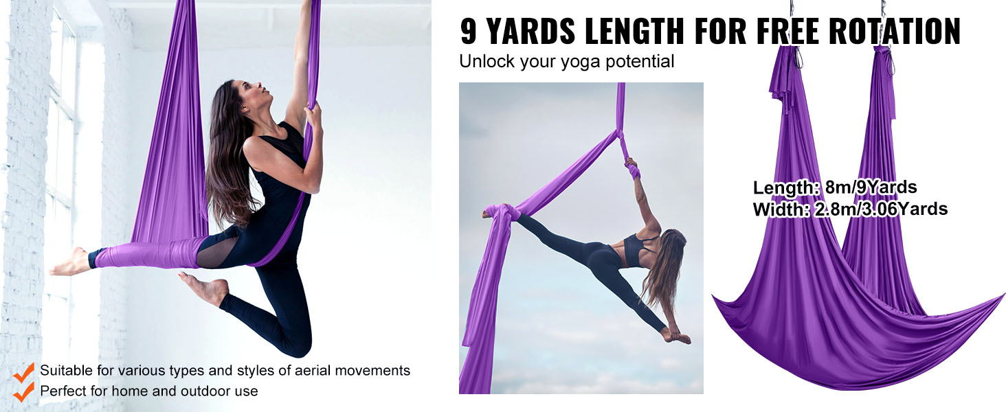 woman using VEVOR aerial yoga hammock with a 9-yard length for various aerial movements indoors.