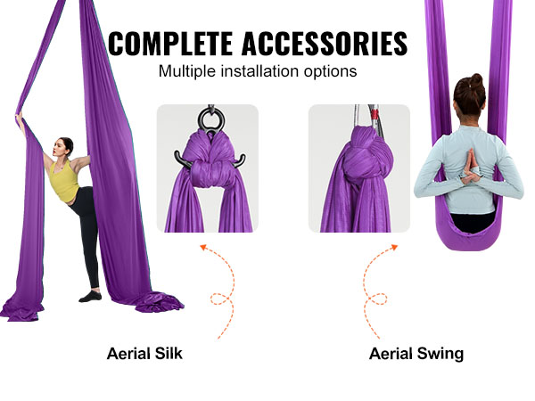 VEVOR aerial yoga hammock with accessories including steel carabiners, daisy chains, and swivel joints.