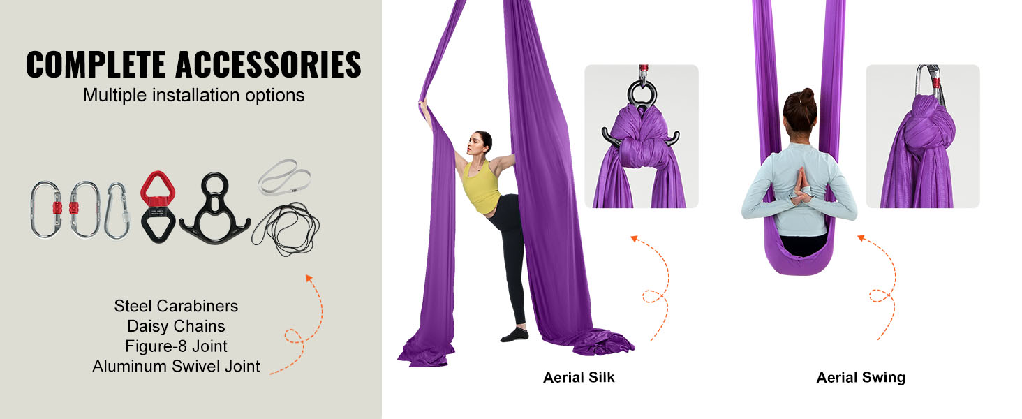 VEVOR aerial yoga hammock with accessories including steel carabiners, daisy chains, and swivel joints.