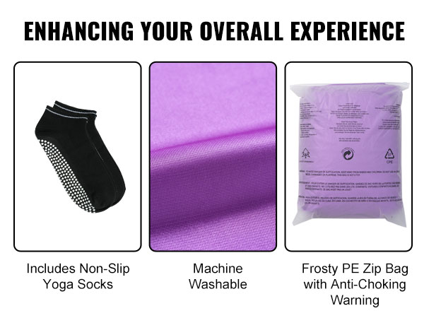 black non-slip yoga socks, purple fabric close-up, frosty pe zip bag with anti-choking warning. VEVOR aerial yoga hammock.