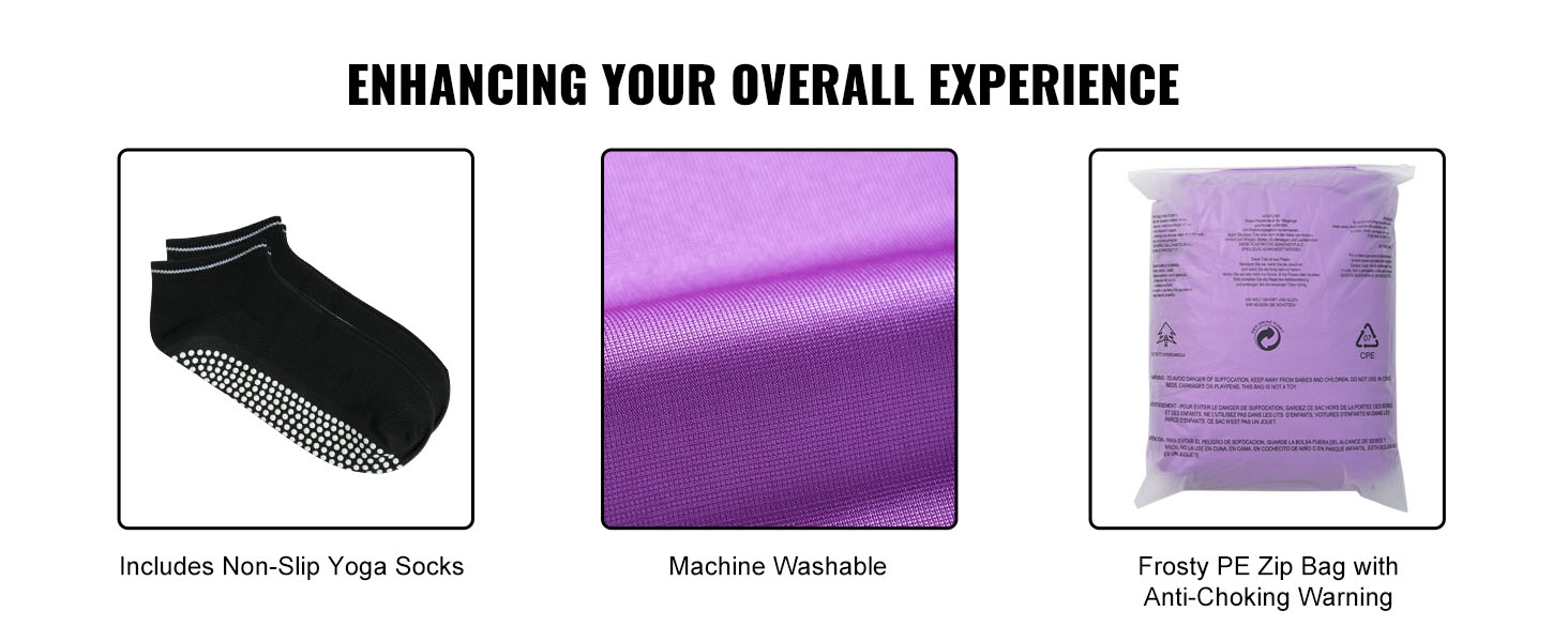 black non-slip yoga socks, purple fabric close-up, frosty pe zip bag with anti-choking warning. VEVOR aerial yoga hammock.