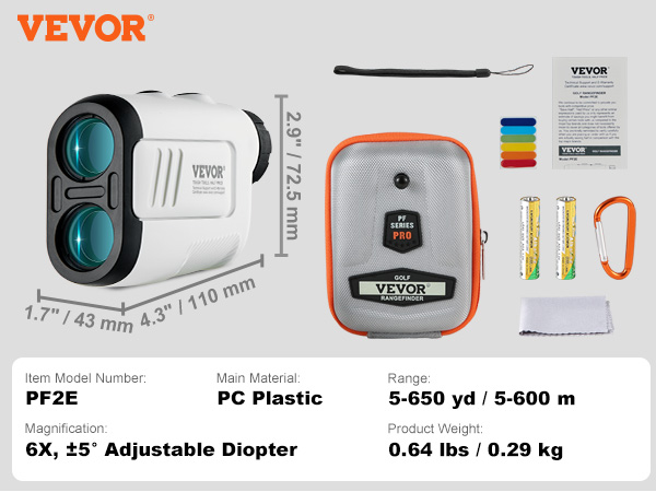 VEVOR golf rangefinder with hard case, batteries, microfiber lens cloth, rope, strong strap, color sticker.
