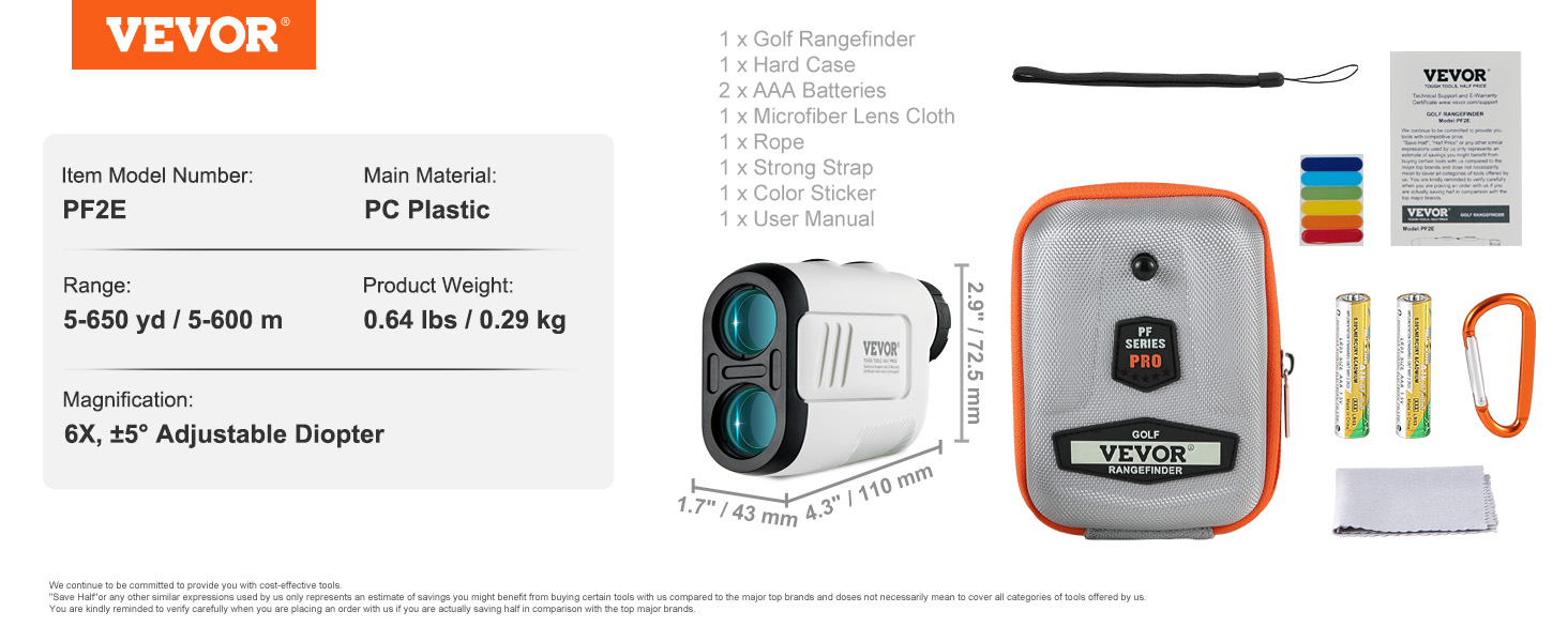VEVOR golf rangefinder with hard case, batteries, microfiber lens cloth, rope, strong strap, color sticker.