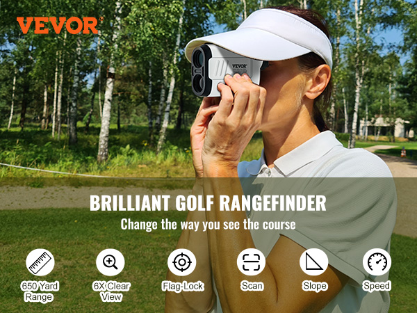 VEVOR golf rangefinder with 650-yard range, 6x clear view, flag-lock, scan, slope, and speed features.