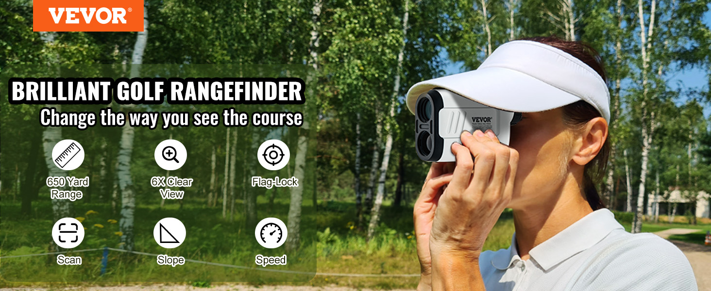 VEVOR golf rangefinder with 650-yard range, 6x clear view, flag-lock, scan, slope, and speed features.