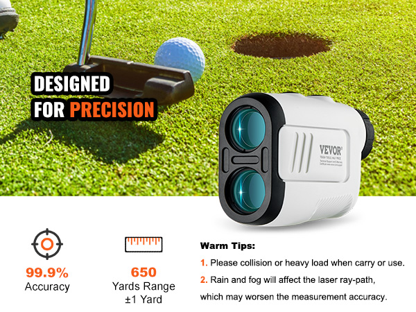 golfer putting on green with VEVOR golf rangefinder, 99.9% accuracy, 650 yards range.