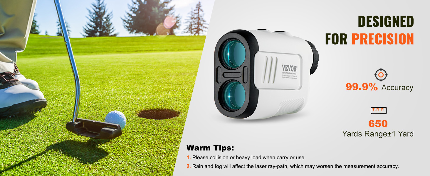 golfer putting on green with VEVOR golf rangefinder, 99.9% accuracy, 650 yards range.