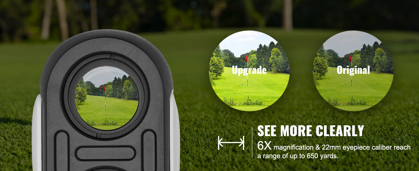 VEVOR golf rangefinder with 6x magnification and 22mm eyepiece for up to 650 yards range.