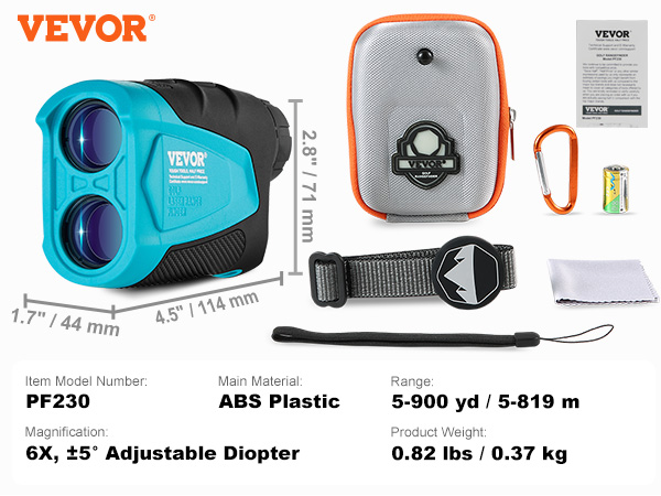 VEVOR golf rangefinder pf230 with accessories: case, strap, battery, cloth, mount, carabiner, and manual.