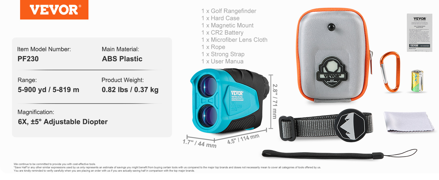 VEVOR golf rangefinder pf230 with accessories: case, strap, battery, cloth, mount, carabiner, and manual.