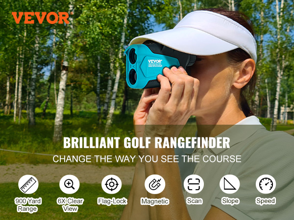 VEVOR golf rangefinder showcased by golfer with 900-yard range, 6x clear view, magnetic, and flag-lock.