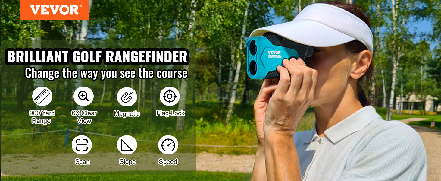 VEVOR golf rangefinder showcased by golfer with 900-yard range, 6x clear view, magnetic, and flag-lock.
