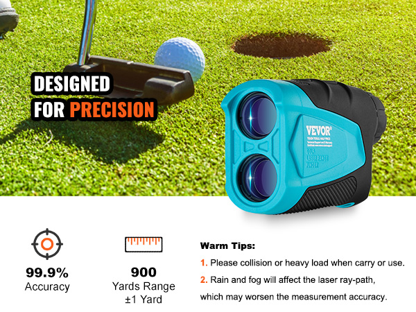 golfer putting next to a hole on a green with a VEVOR golf rangefinder and product details on the side.