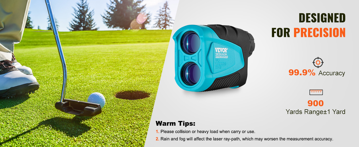 golfer putting next to a hole on a green with a VEVOR golf rangefinder and product details on the side.